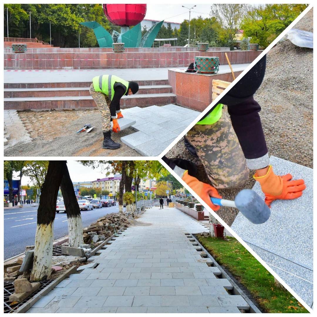 Впервые в Шымкенте, при строительстве тротуаров используют брусчатку с мраморной крошкой